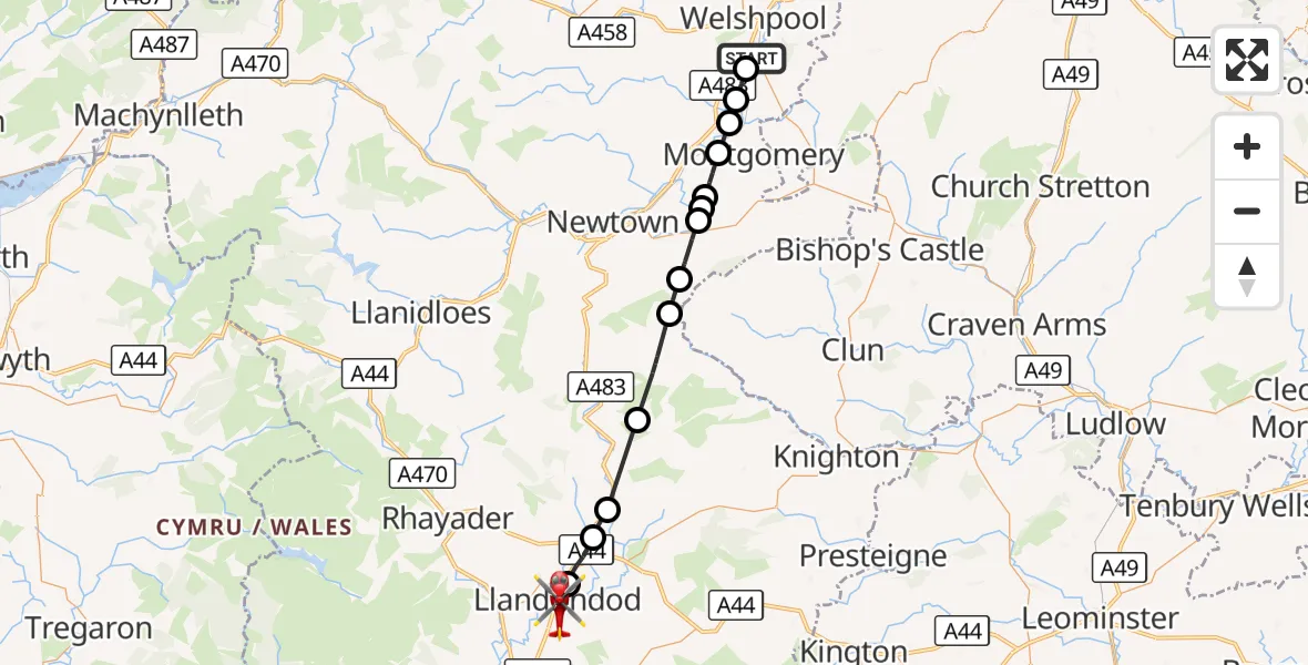 Flight route Air Ambulance Helicopter Welshpool Airport - Llandrindod, 21 September 2026, 12:03