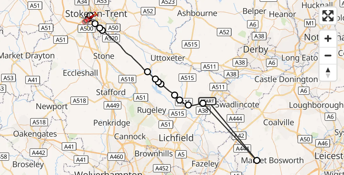 Flight route Air Ambulance Helicopter Branston - Newcastle-under-Lyme, 21 September 2026, 12:09