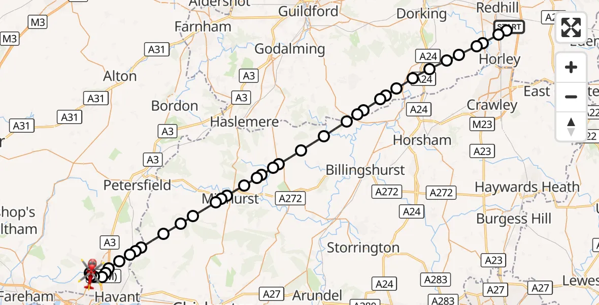 Flight route Air Ambulance Helicopter Redhill Aerodrome - Waterlooville, 21 September 2026, 12:17