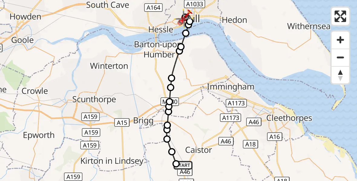 Flight route Air Ambulance Helicopter Holton le Moor CP - Hull Royal Infirmary, 21 September 2026, 12:24
