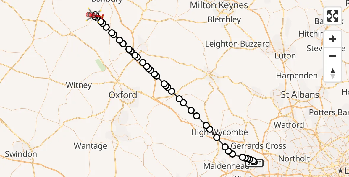 Flight route Air Ambulance Helicopter Wexham Park Hospital - Milcombe, 21 September 2026, 12:39