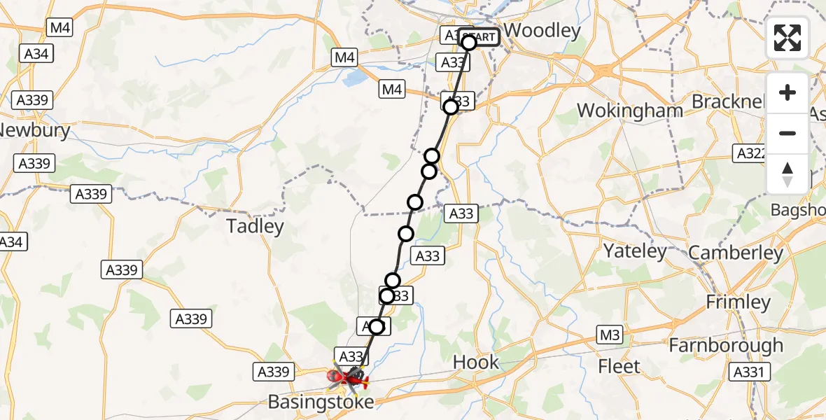Flight route Air Ambulance Helicopter Royal Berkshire Hospital - Basingstoke, 21 September 2026, 12:46