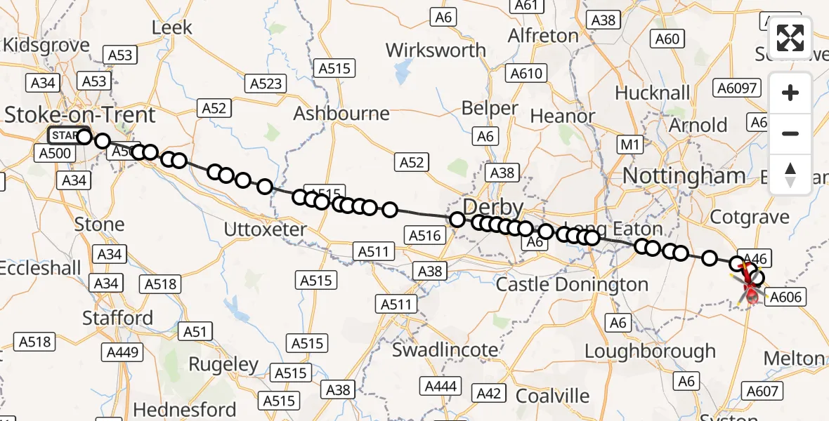 Flight route Air Ambulance Helicopter Stoke - Hickling, 21 September 2026, 12:49