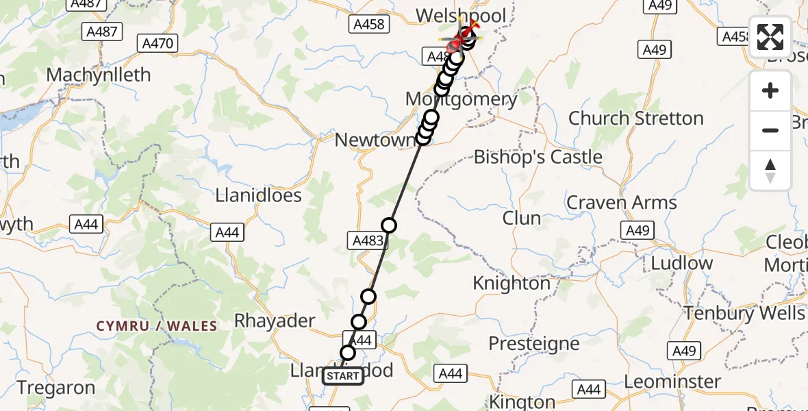 Flight route Air Ambulance Helicopter Llandrindod - Welshpool, 21 September 2026, 13:11