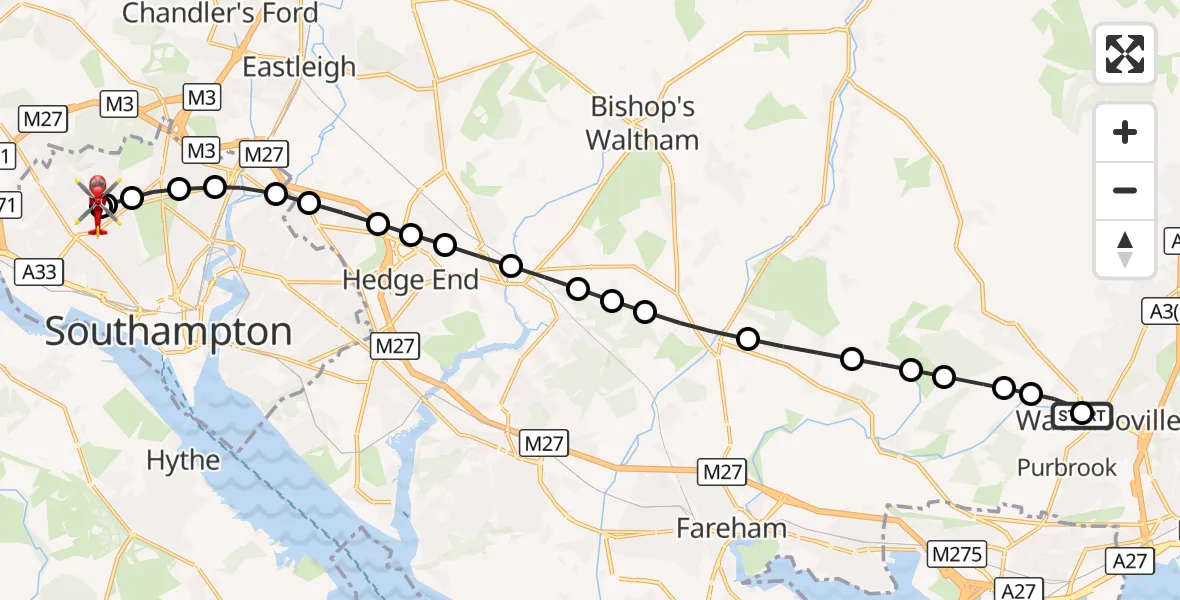 Flight route Air Ambulance Helicopter Winchester - University Hospital Southampton, 21 September 2026, 13:13