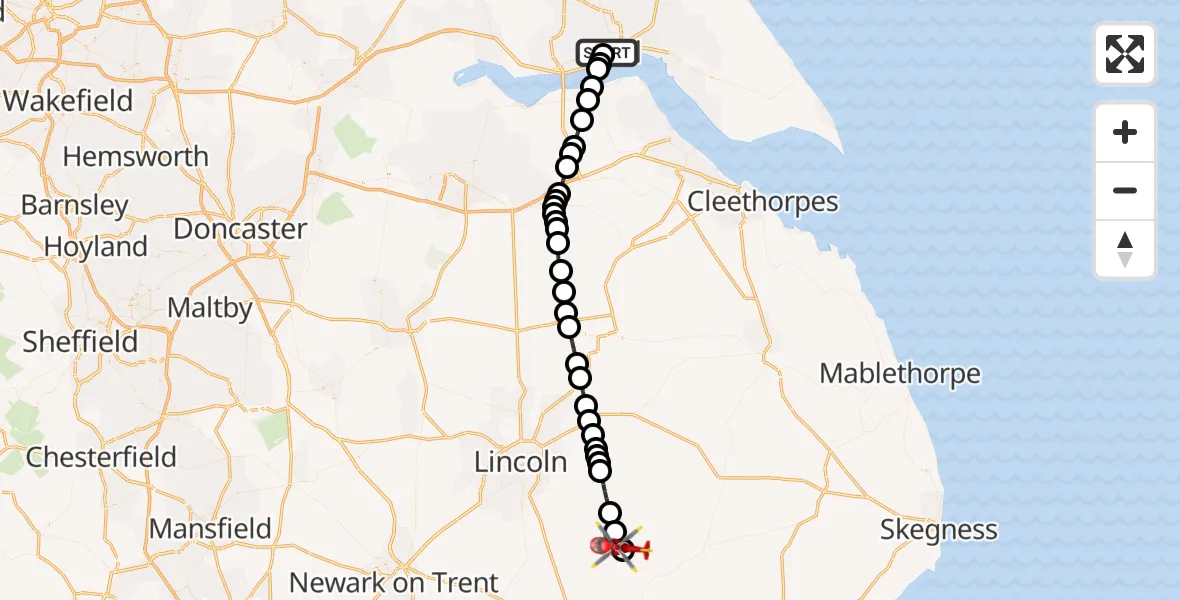 Flight route Air Ambulance Helicopter Hull Royal Infirmary - Timberland, 21 September 2026, 13:16