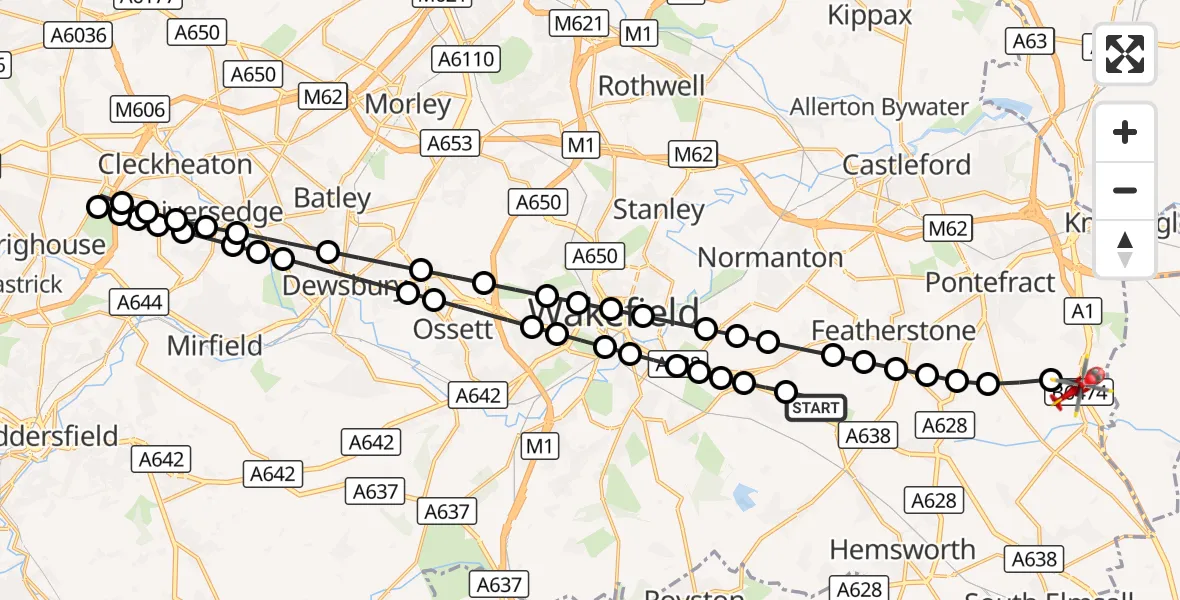 Flight route Air Ambulance Helicopter YAA Nostell Helicopter Port - Darrington, 21 September 2026, 13:17
