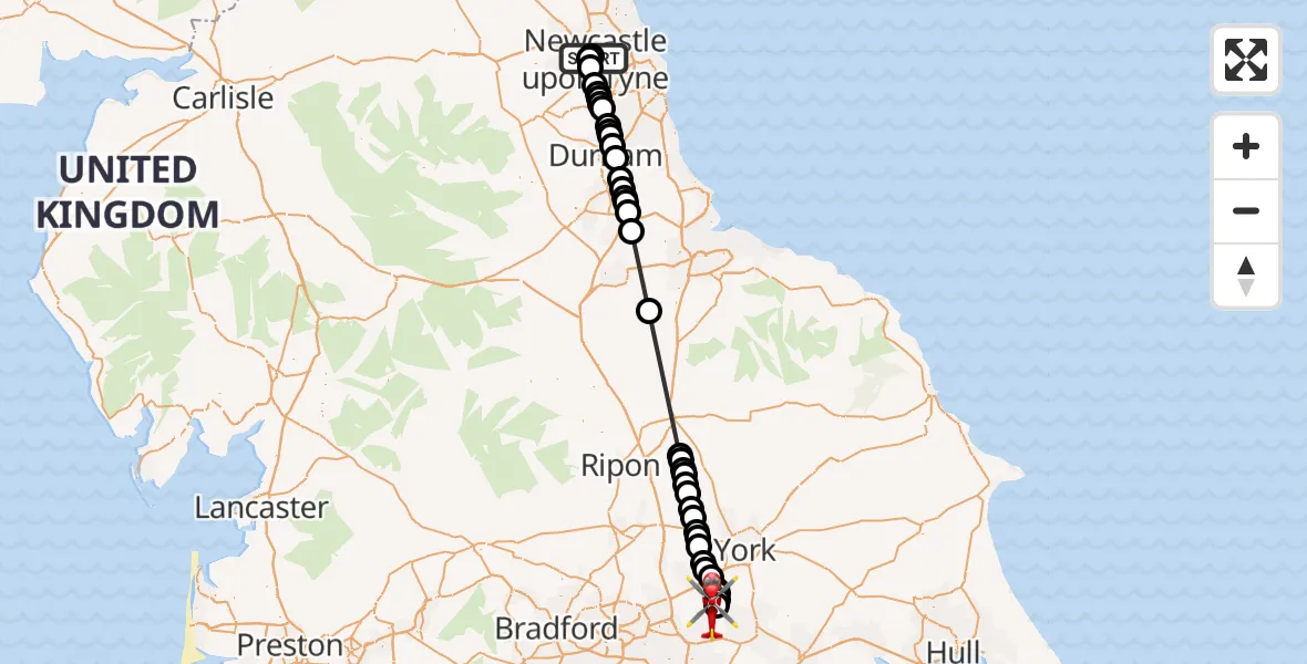 Flight route Air Ambulance Helicopter Newcastle Royal Victoria Infirmary - Leeds East Airport, 21 September 2026, 13:28