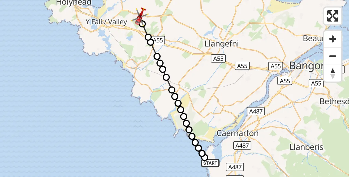 Flight route Air Ambulance Helicopter Caernarfon Airport - Bodedern, 21 September 2026, 13:35