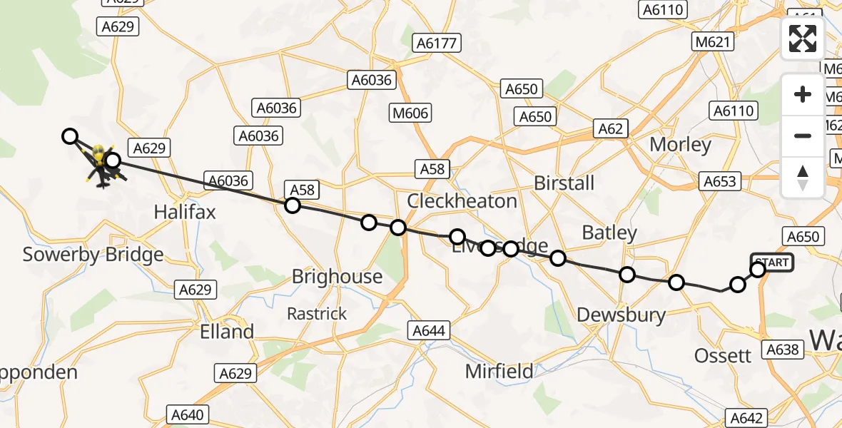 Flight route Police Helicopter East Ardsley - Fountainhead, 21 September 2026, 13:39