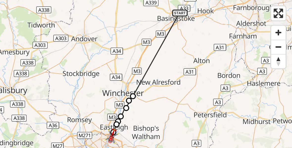 Flight route Air Ambulance Helicopter Basingstoke - Southampton Airport, 21 September 2026, 13:48