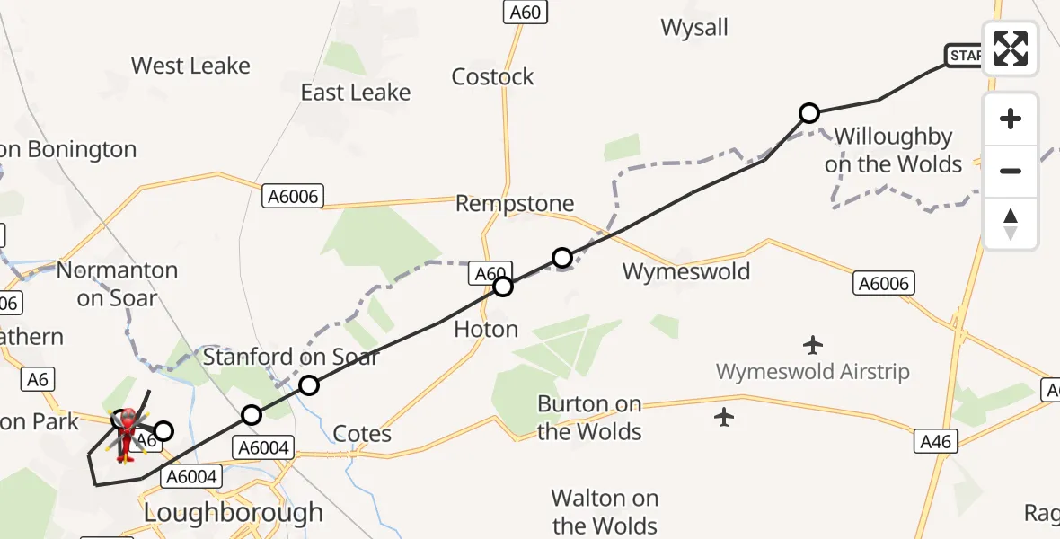 Flight route Air Ambulance Helicopter Willoughby on the Wolds - Loughborough, 21 September 2026, 13:56