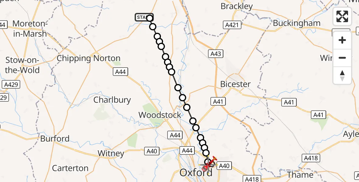 Flight route Air Ambulance Helicopter Milcombe - Oxford, 21 September 2026, 14:02