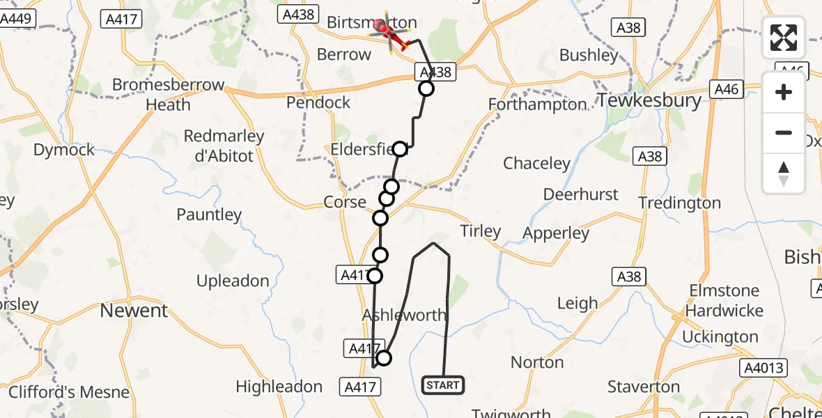 Flight route Air Ambulance Helicopter Tewkesbury - Berrow, 21 September 2026, 14:03