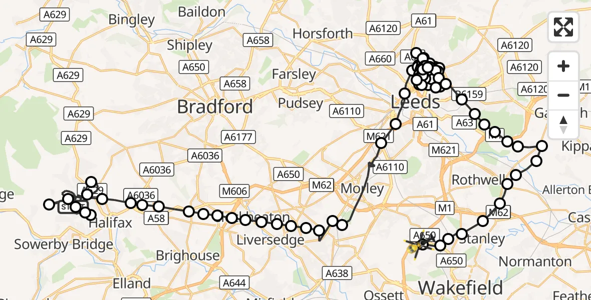 Flight route Police Helicopter Fountainhead - East Ardsley, 21 September 2026, 14:05