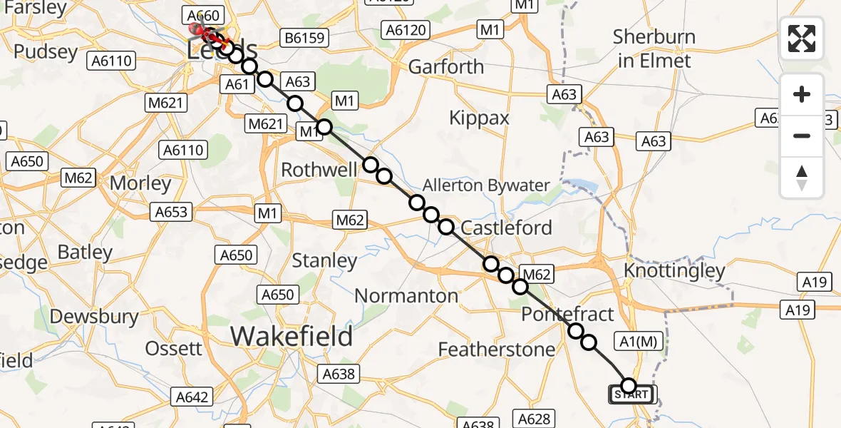 Flight route Air Ambulance Helicopter Darrington - Hyde Park, 21 September 2026, 14:10