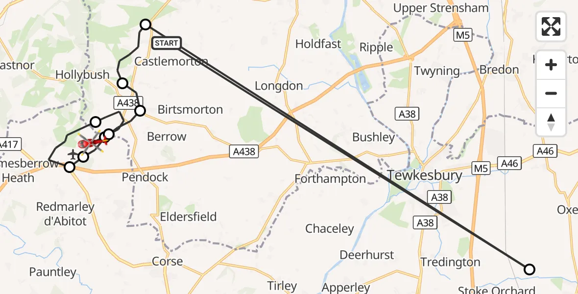 Flight route Air Ambulance Helicopter Castlemorton - Forest of Dean, 21 September 2026, 14:12