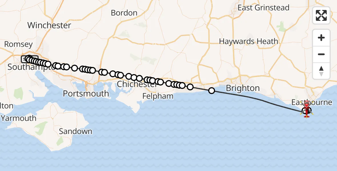 Flight route Air Ambulance Helicopter University Hospital Southampton - Eastbourne, 21 September 2026, 14:15