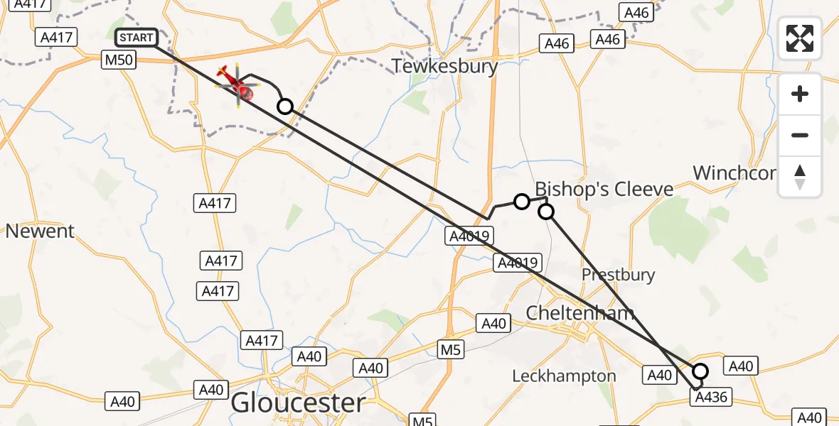 Flight route Air Ambulance Helicopter Forest of Dean - Eldersfield, 21 September 2026, 14:19