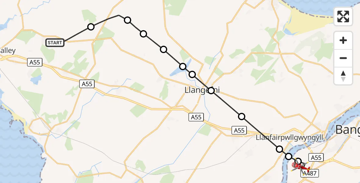 Flight route Air Ambulance Helicopter Bodedern - Aber Pwll, 21 September 2026, 14:27