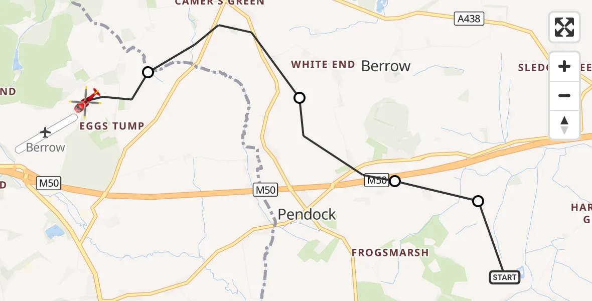 Flight route Air Ambulance Helicopter Eldersfield - Bromsberrow, 21 September 2026, 14:34