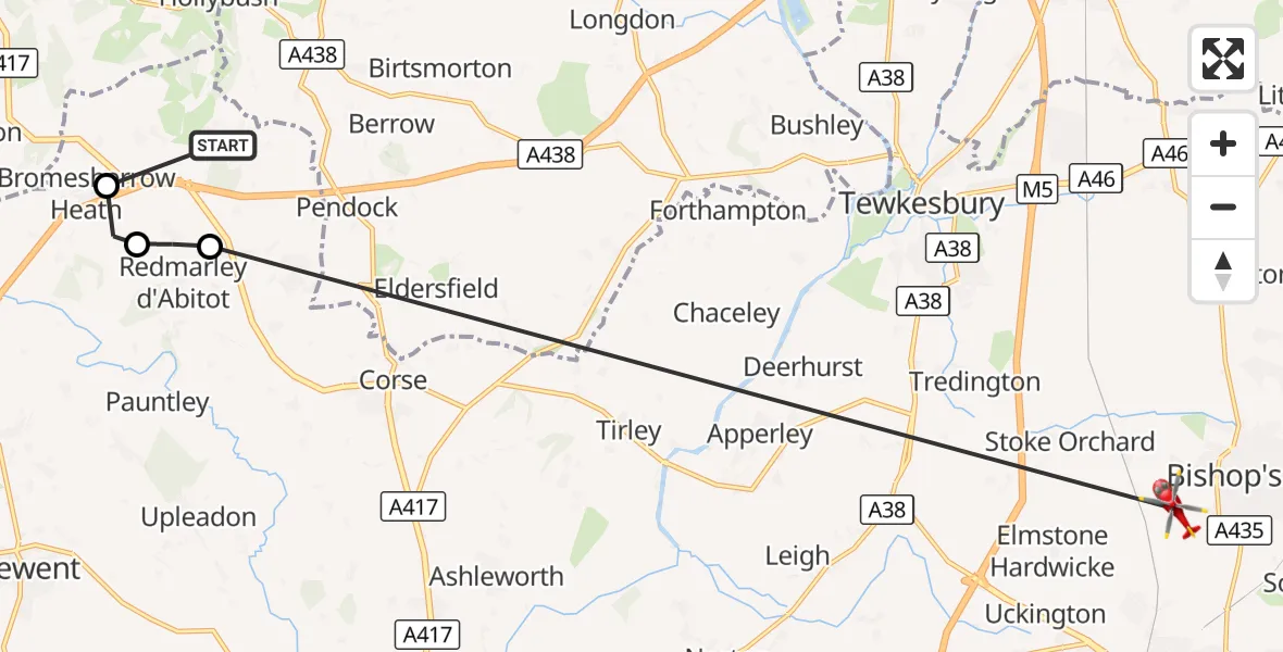 Flight route Air Ambulance Helicopter Bromsberrow - Bishop's Cleeve, 21 September 2026, 14:37