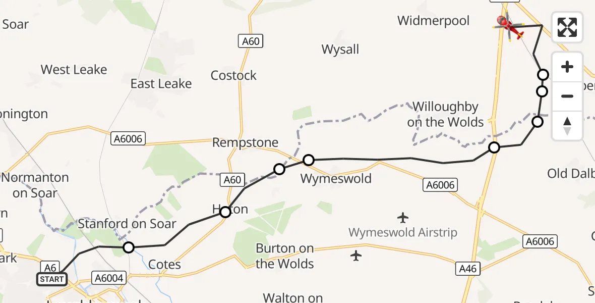 Flight route Air Ambulance Helicopter Loughborough - Hickling, 21 September 2026, 14:38
