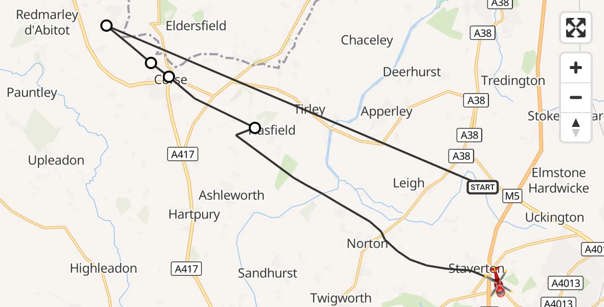 Flight route Air Ambulance Helicopter Tewkesbury - Tewkesbury, 21 September 2026, 14:53