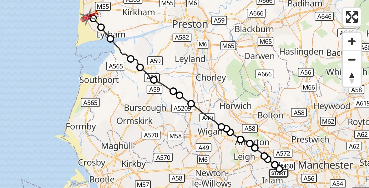 Flight route Air Ambulance Helicopter Eccles - Blackpool Airport, 21 September 2026, 14:56