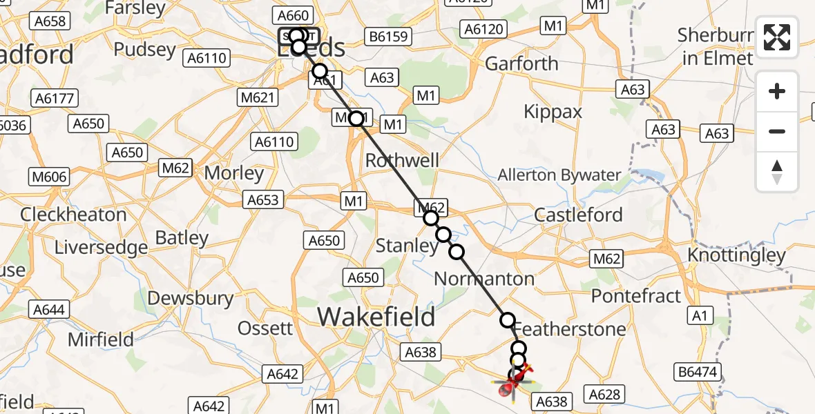 Flight route Air Ambulance Helicopter Woodhouse - YAA Nostell Helicopter Port, 21 September 2026, 15:04