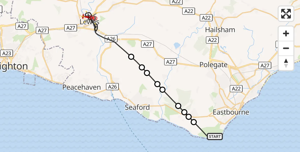 Flight route Air Ambulance Helicopter Eastbourne - Lewes, 21 September 2026, 15:13