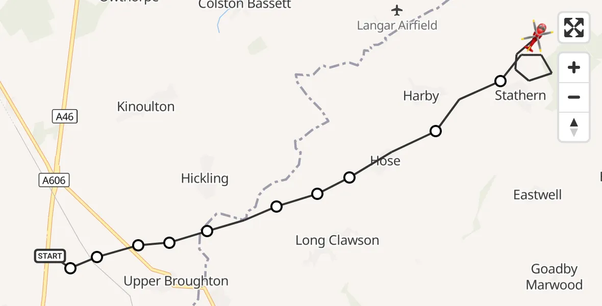 Flight route Air Ambulance Helicopter Nottingham Heliport - Redmile, 21 September 2026, 15:17