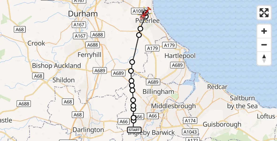 Flight route Air Ambulance Helicopter Egglescliffe - Little Thorpe, 21 September 2026, 15:18