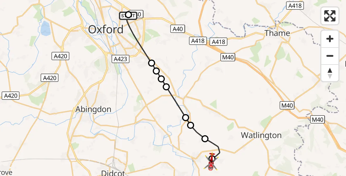 Flight route Air Ambulance Helicopter John Radcliffe Hospital - RAF Benson, 21 September 2026, 15:20