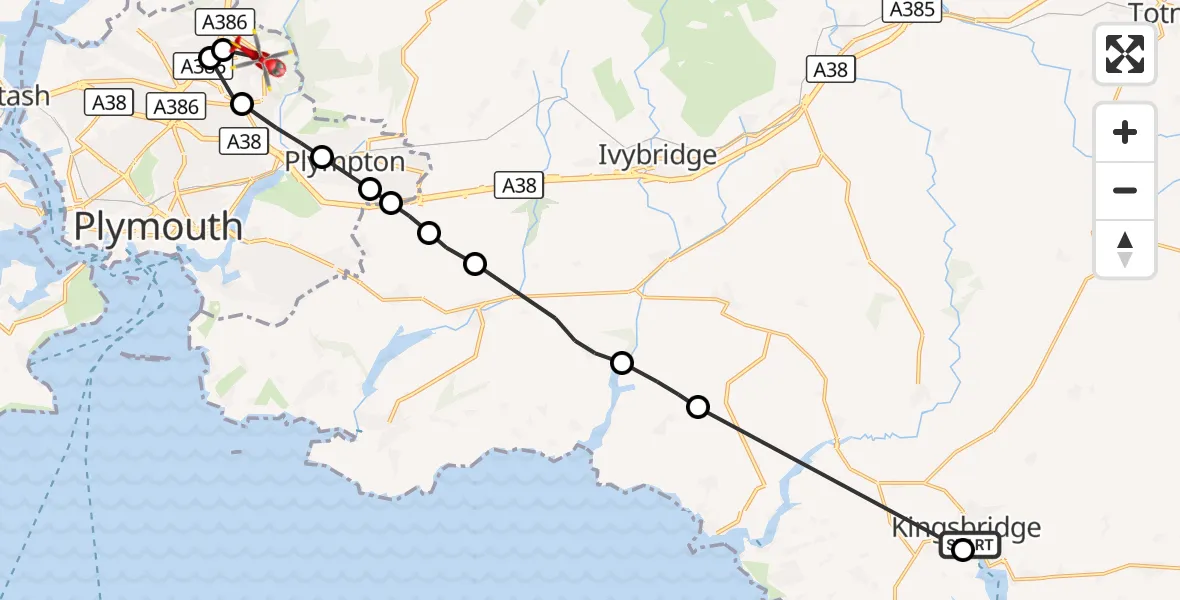Flight route Air Ambulance Helicopter Kingsbridge - Estover, 21 September 2026, 15:26