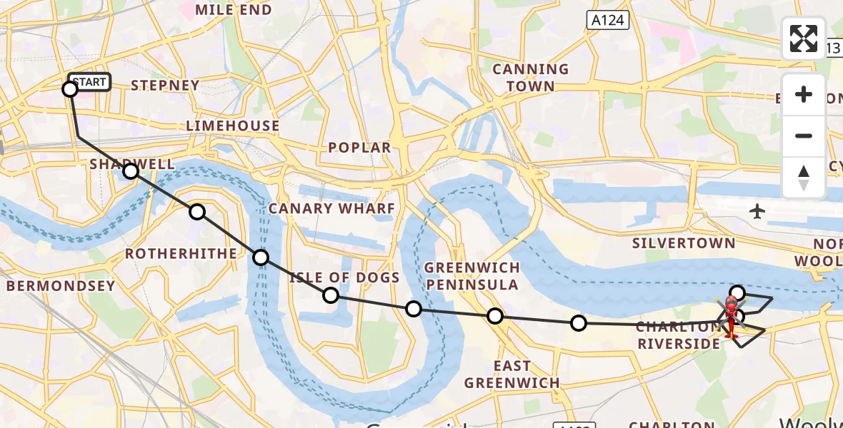 Flight route Air Ambulance Helicopter Royal London Hospital - Charlton Riverside, 21 September 2026, 15:33
