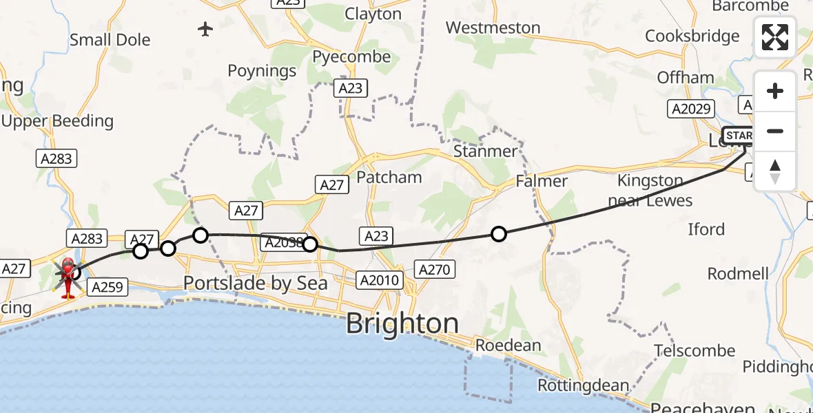 Flight route Air Ambulance Helicopter Lewes - Brighton City Airport, 21 September 2026, 15:35
