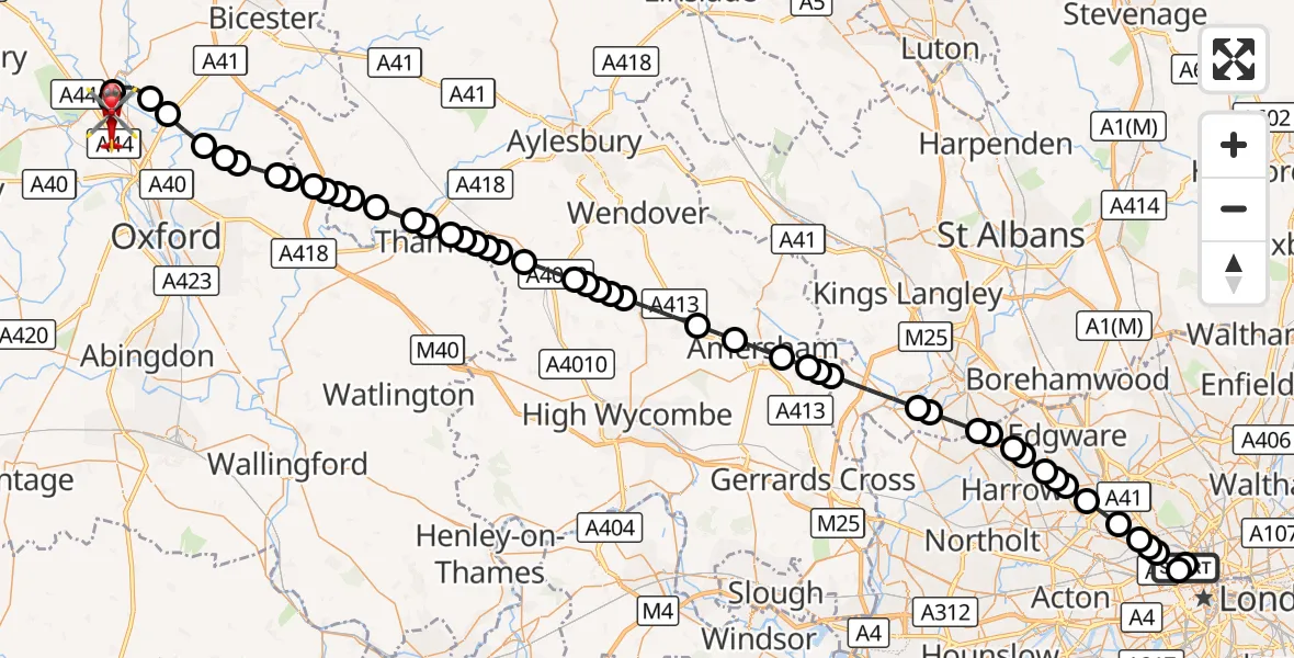 Flight route Air Ambulance Helicopter Chalk Farm - London Oxford Airport, 21 September 2026, 15:44