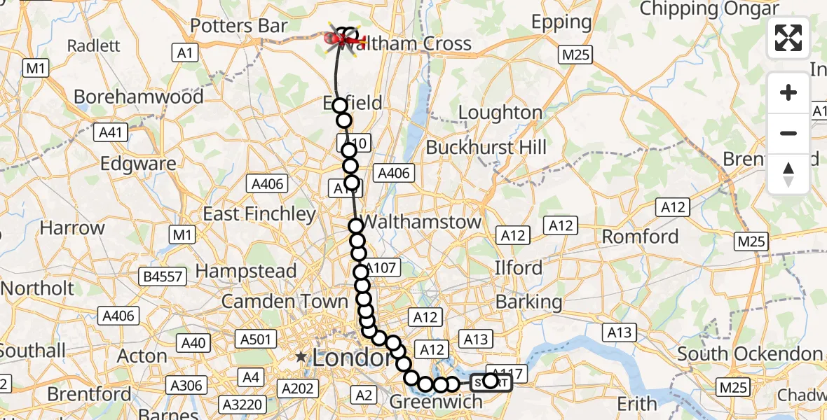 Flight route Air Ambulance Helicopter Charlton Riverside - Enfield, 21 September 2026, 16:06