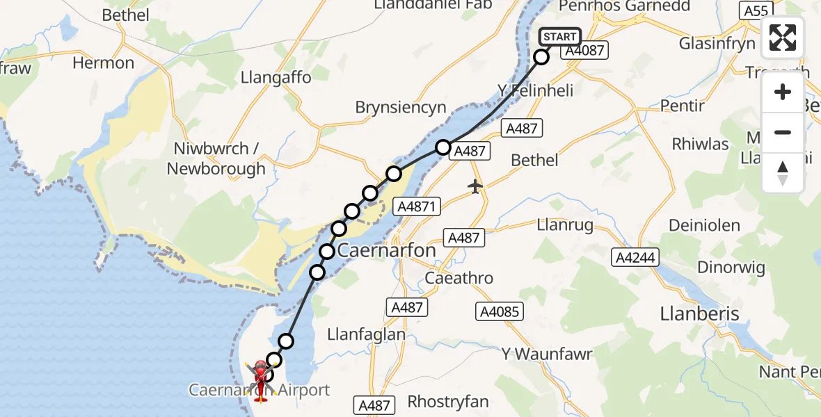 Flight route Air Ambulance Helicopter Aber Pwll - Caernarfon Airport, 21 September 2026, 16:10