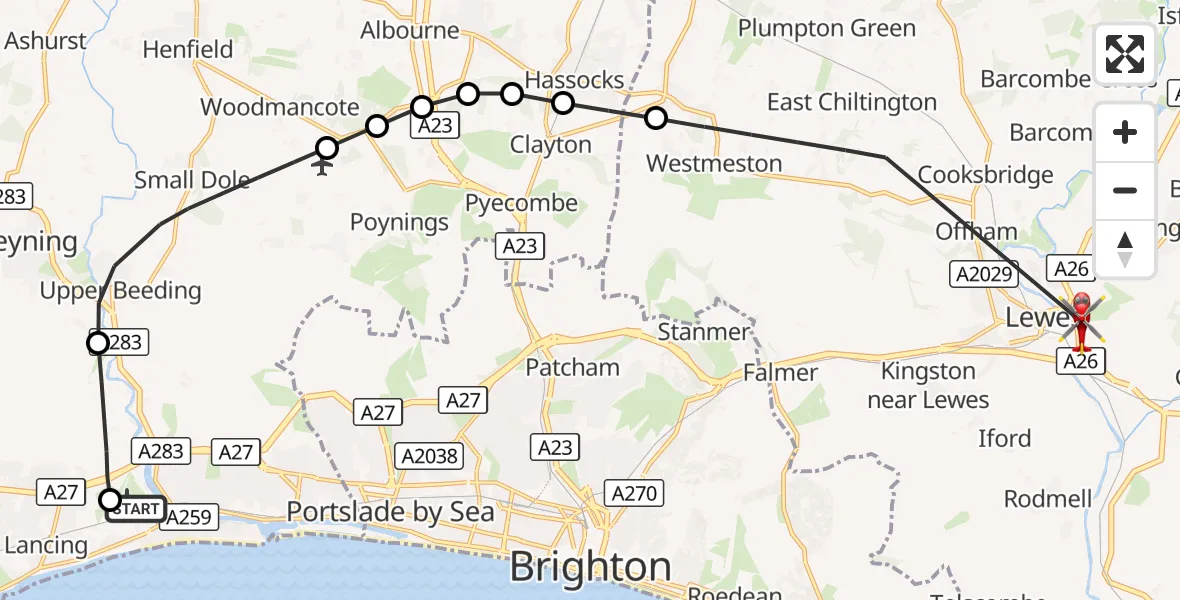 Flight route Air Ambulance Helicopter Brighton City Airport - Lewes, 21 September 2026, 16:12