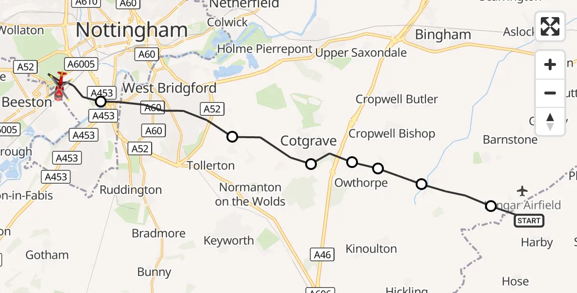 Flight route Air Ambulance Helicopter Melton - City of Nottingham, 21 September 2026, 16:12