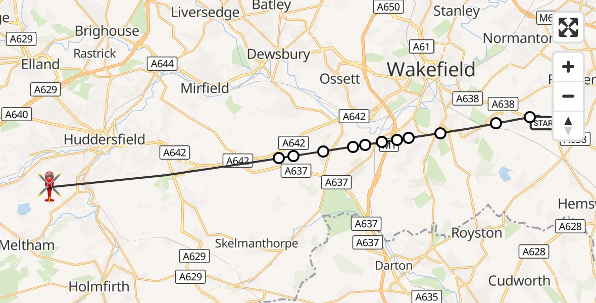 Flight route Air Ambulance Helicopter YAA Nostell Helicopter Port - Crosland Moor Airfield, 21 September 2026, 16:13