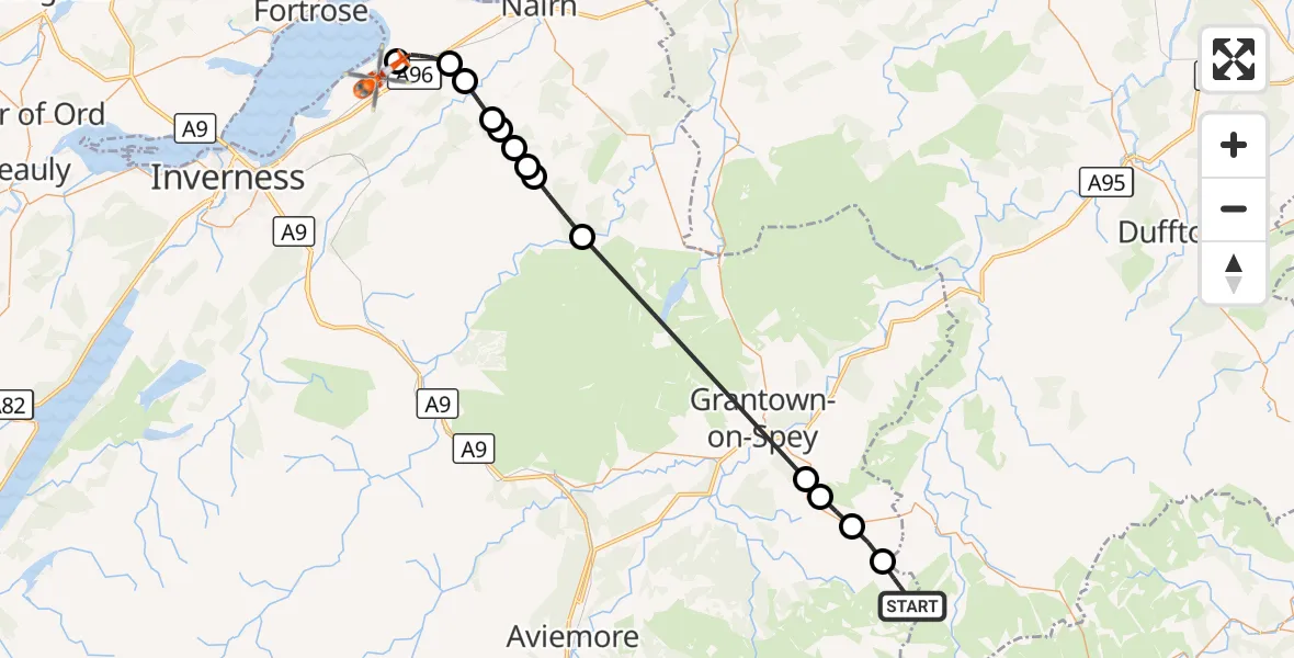 Flight route Coastguard Helicopter Moray - Inverness Airport, 21 September 2026, 16:18