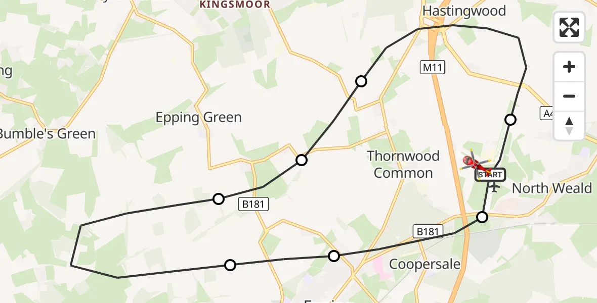 Flight route Air Ambulance Helicopter North Weald Airfield - North Weald Airfield, 21 September 2026, 16:26