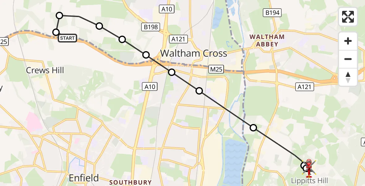 Flight route Air Ambulance Helicopter Dysons Osiers Airstrip - Metropolitan Police Air Support Unit Lippitts Hill, 21 September 2026, 16:40