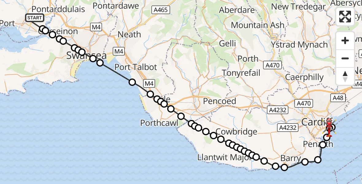 Flight route Air Ambulance Helicopter Dafen - Cardiff Heliport, 21 September 2026, 17:13