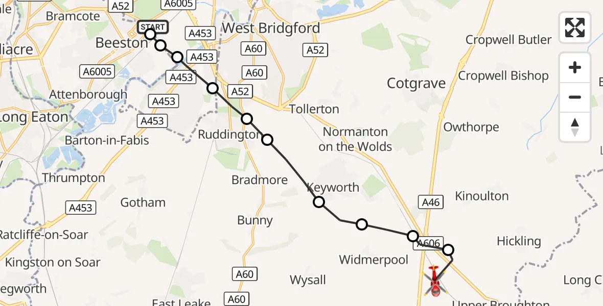 Flight route Air Ambulance Helicopter Beeston - Nottingham Heliport, 21 September 2026, 17:19