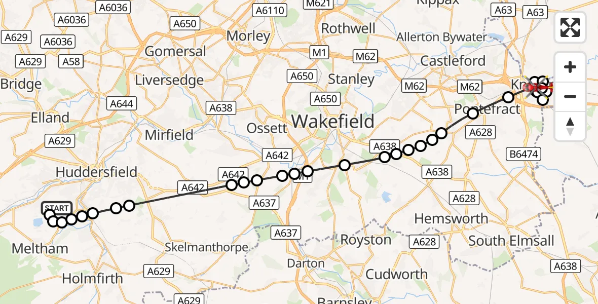 Flight route Air Ambulance Helicopter Crosland Moor Airfield - Ferrybridge, 21 September 2026, 17:21