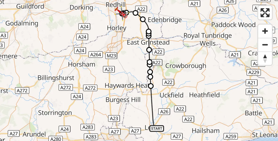 Flight route Air Ambulance Helicopter Lewes - Redhill Aerodrome, 21 September 2026, 17:27